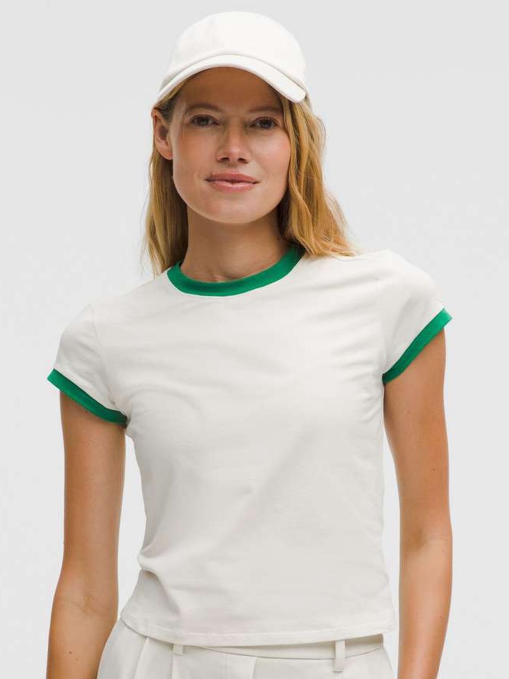 Lululemon Organic Cotton Ringer Baby Tee Short Sleeve Light Ivory Raceway Green